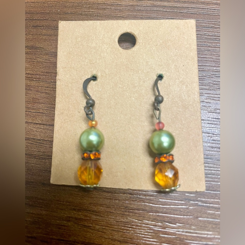 Elegant Green and Orange Beaded Earrings